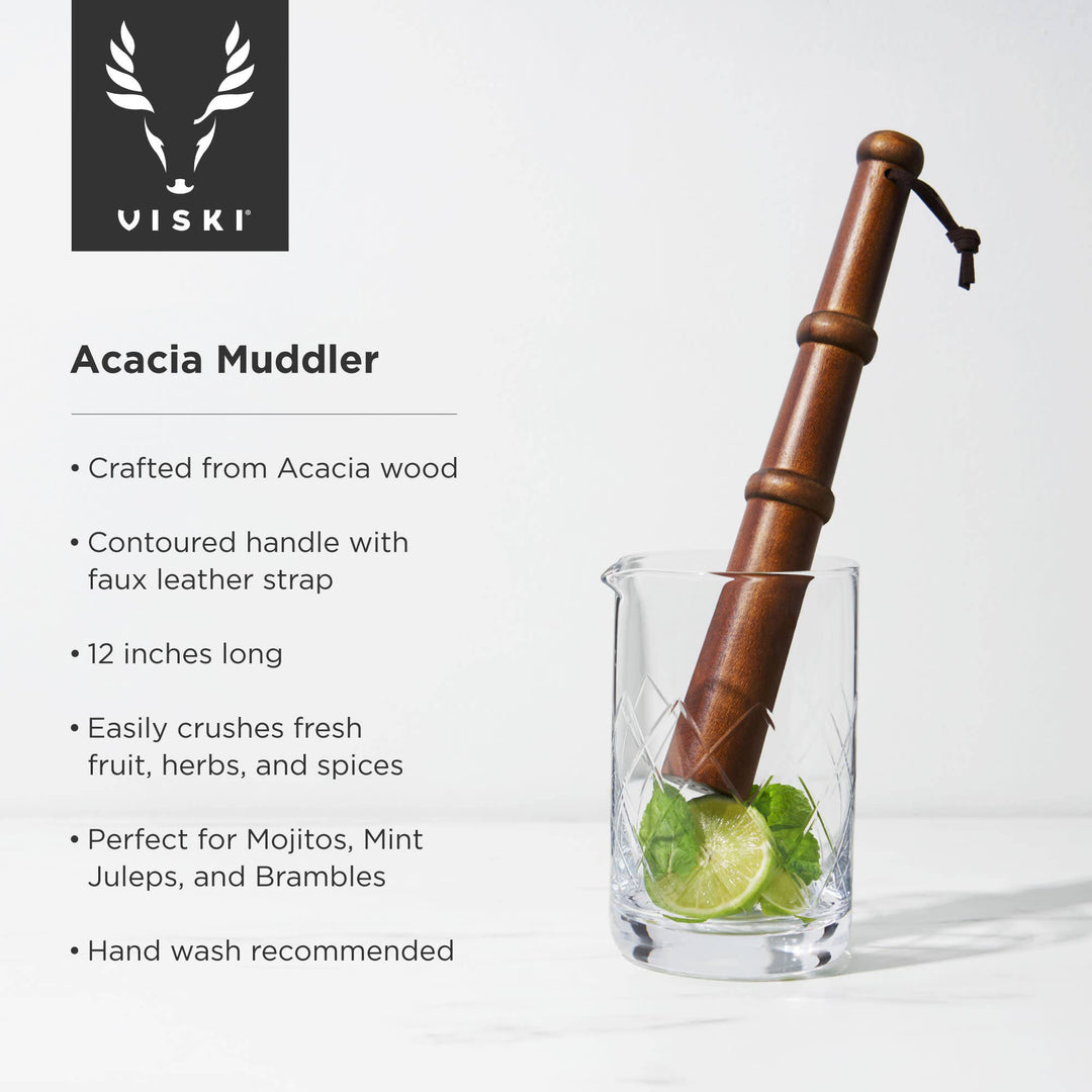 Viski Professional 12inch Acacia Wood Muddler w Hang Strap