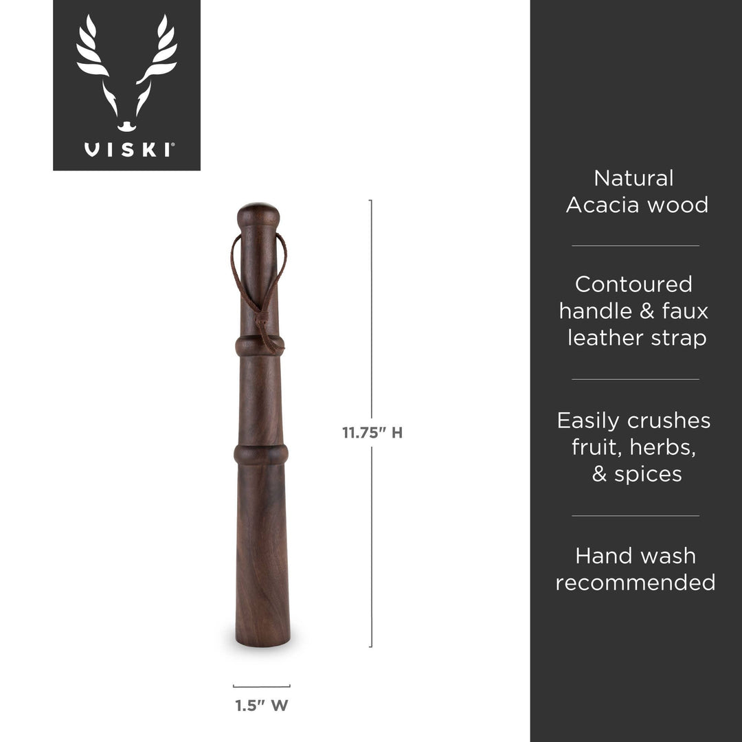Viski Professional 12inch Acacia Wood Muddler w Hang Strap